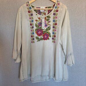 💙 Parsley & Sage Floral Embroidered Soft Tunic Blouse Size XL/2X Boho Cottage P